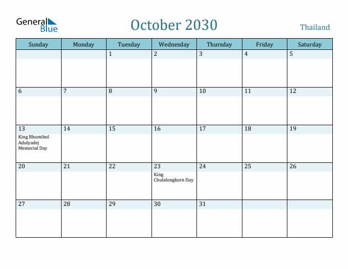 October 2030 Calendar with Holidays