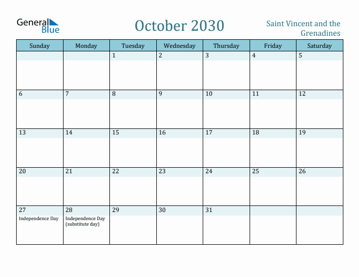 October 2030 Calendar with Holidays