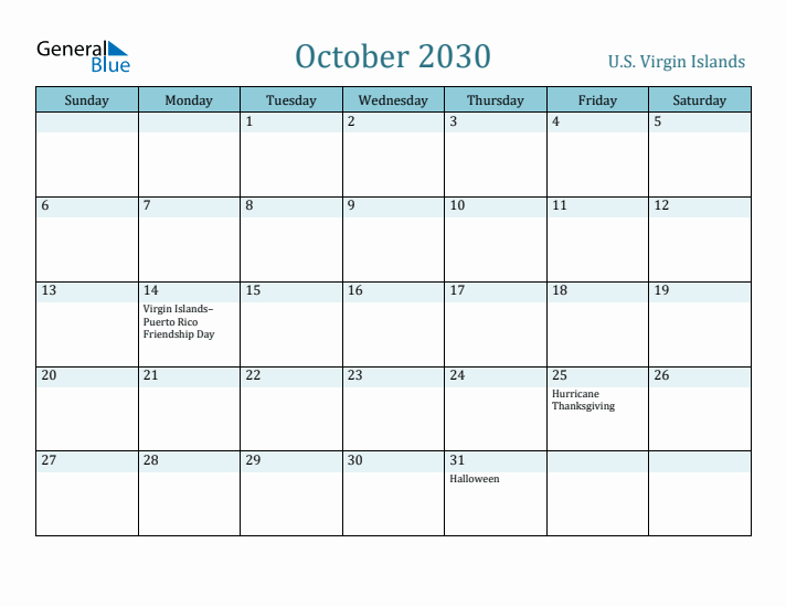 October 2030 Calendar with Holidays