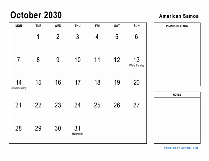 October 2030 Printable Monthly Calendar with American Samoa Holidays
