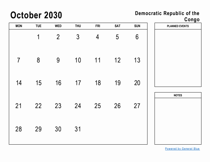 October 2030 Printable Monthly Calendar with Democratic Republic of the Congo Holidays