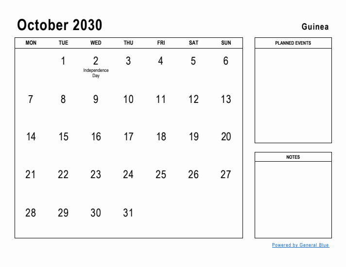 October 2030 Printable Monthly Calendar with Guinea Holidays