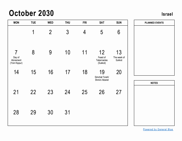 October 2030 Printable Monthly Calendar with Israel Holidays