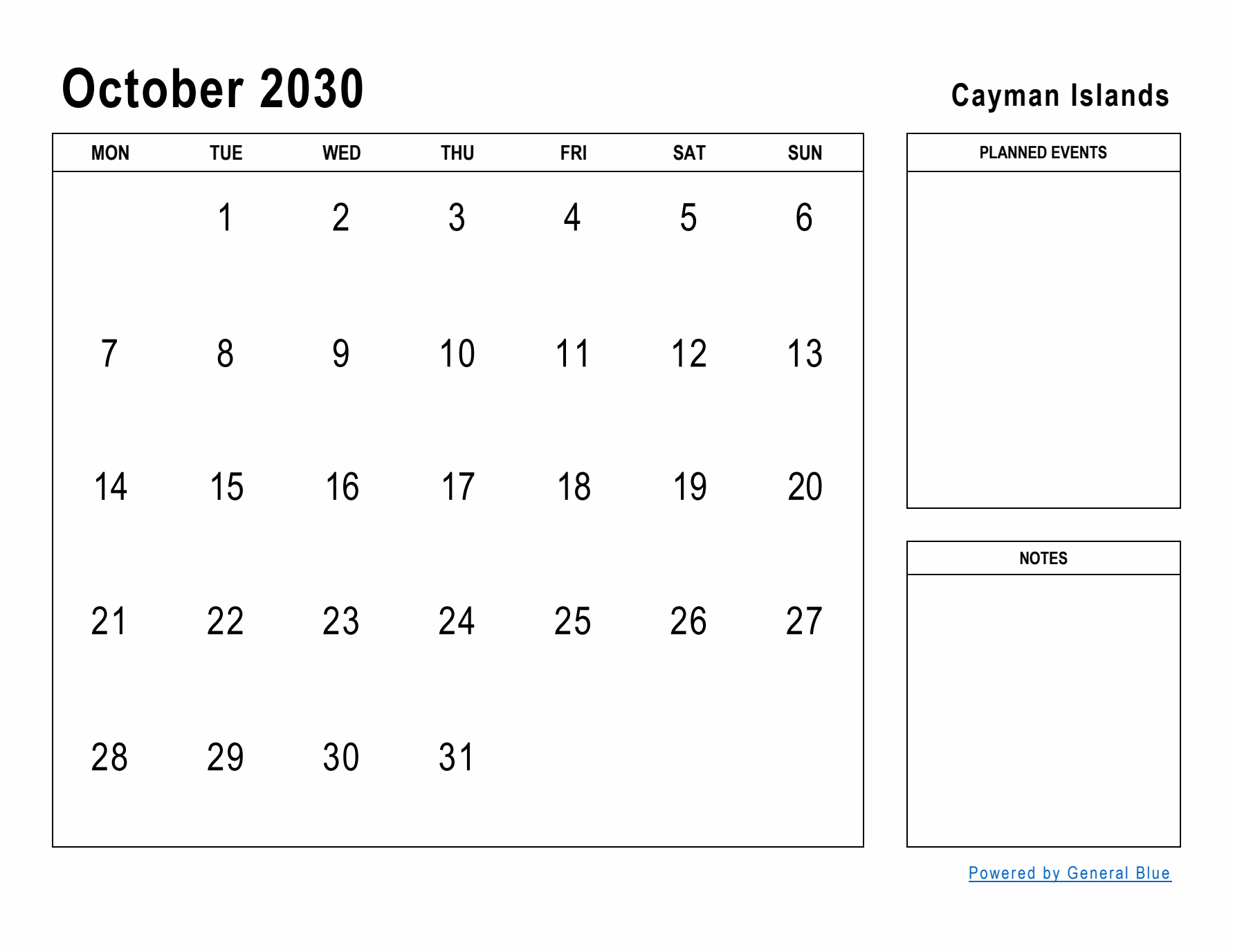 October 2030 Printable Monthly Calendar with Cayman Islands Holidays