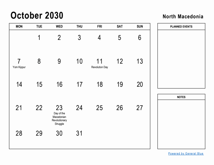 October 2030 Printable Monthly Calendar with North Macedonia Holidays