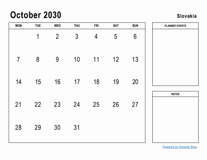 October 2030 Printable Monthly Calendar with Slovakia Holidays