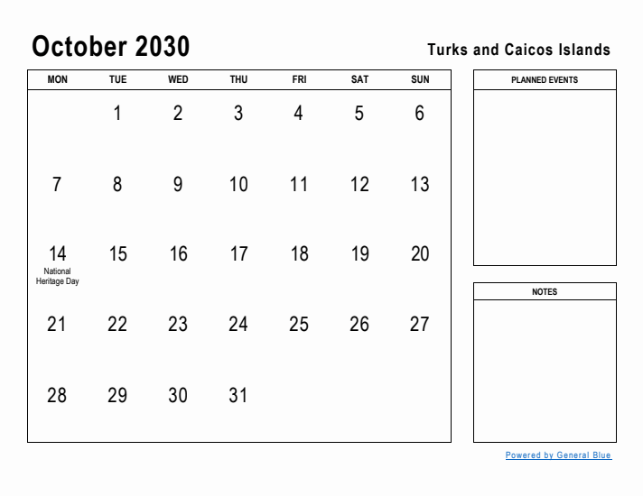 October 2030 Printable Monthly Calendar with Turks and Caicos Islands Holidays