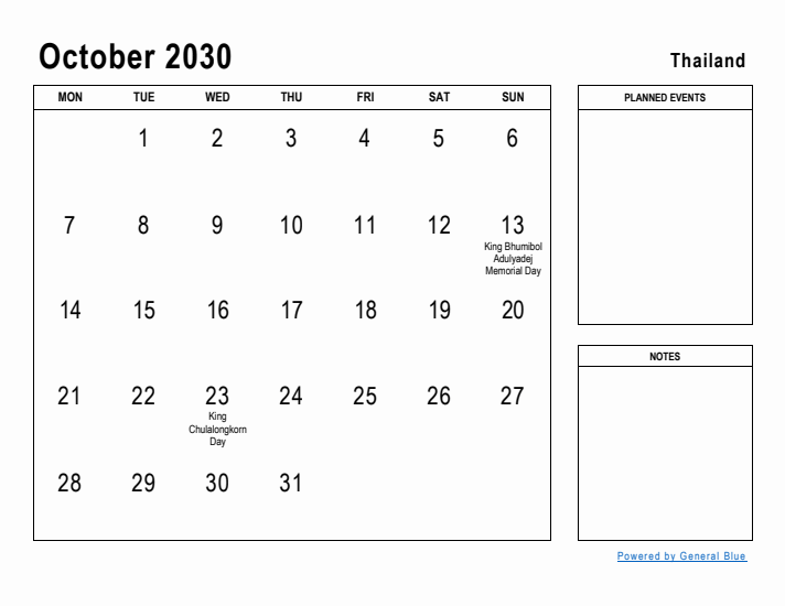 October 2030 Printable Monthly Calendar with Thailand Holidays