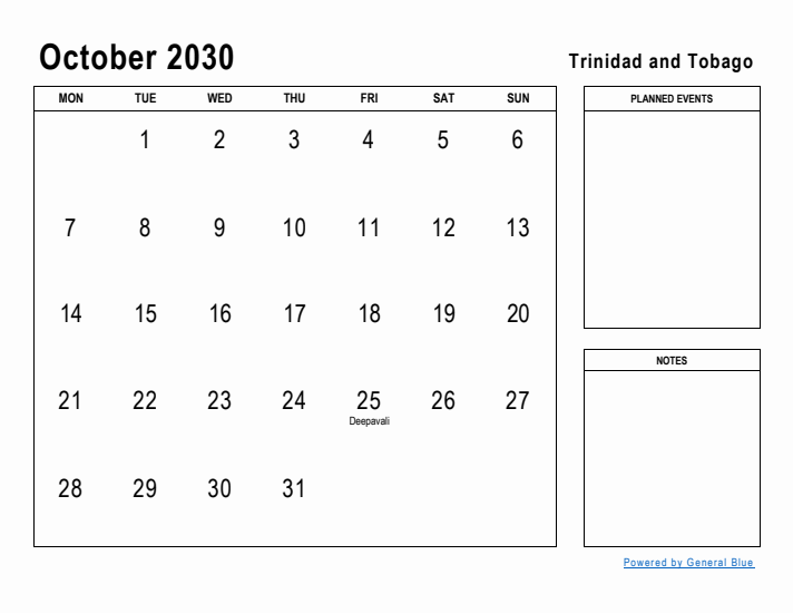 October 2030 Printable Monthly Calendar with Trinidad and Tobago Holidays