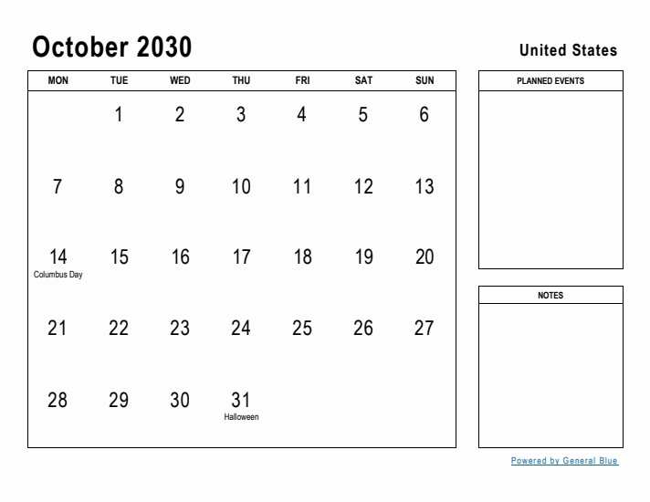 October 2030 Printable Monthly Calendar with United States Holidays