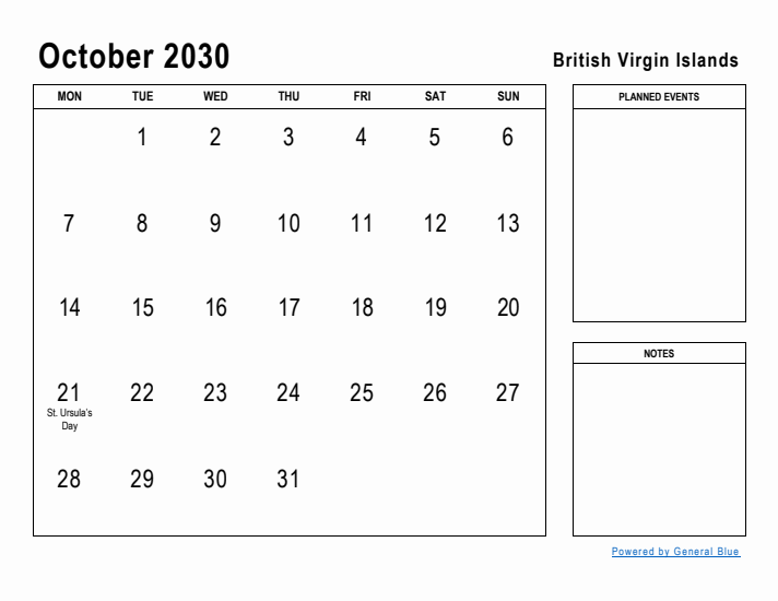 October 2030 Printable Monthly Calendar with British Virgin Islands Holidays