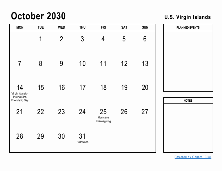 October 2030 Printable Monthly Calendar with U.S. Virgin Islands Holidays