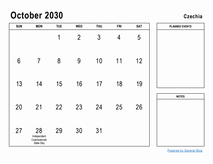 October 2030 Printable Monthly Calendar with Czechia Holidays