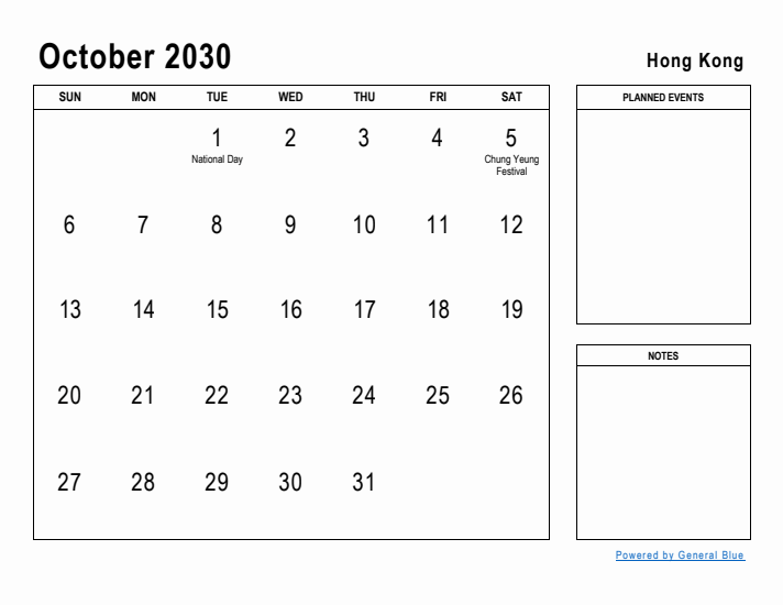 October 2030 Printable Monthly Calendar with Hong Kong Holidays