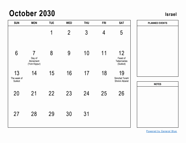 October 2030 Printable Monthly Calendar with Israel Holidays