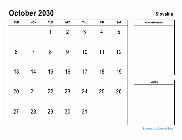 October 2030 Printable Monthly Calendar with Slovakia Holidays