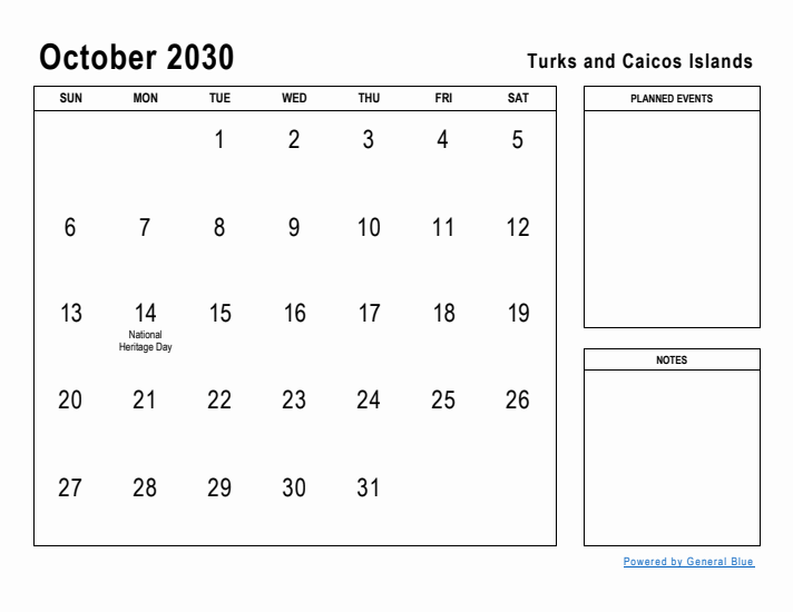 October 2030 Printable Monthly Calendar with Turks and Caicos Islands Holidays
