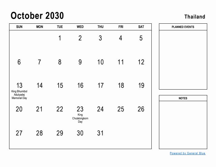 October 2030 Printable Monthly Calendar with Thailand Holidays