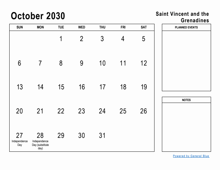 October 2030 Printable Monthly Calendar with Saint Vincent and the Grenadines Holidays