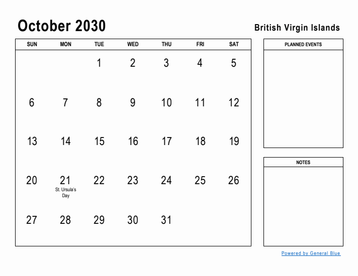 October 2030 Printable Monthly Calendar with British Virgin Islands Holidays