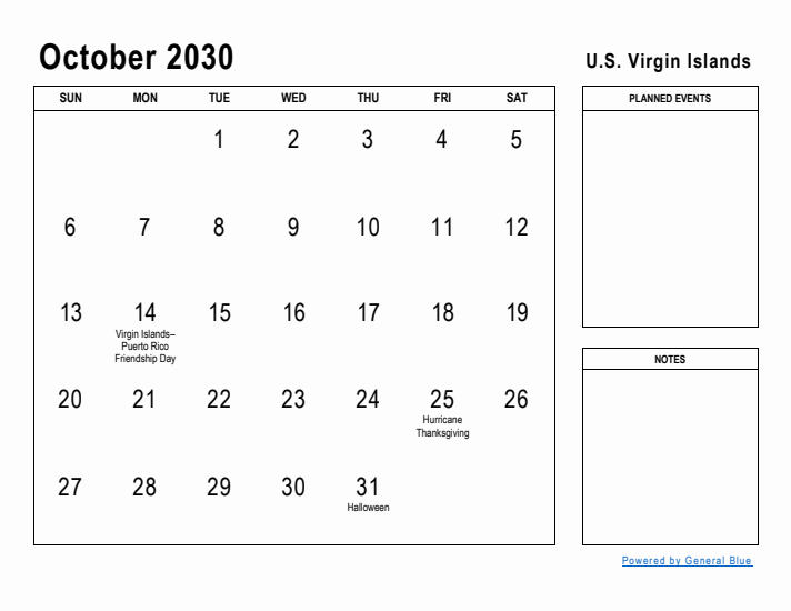 October 2030 Printable Monthly Calendar with U.S. Virgin Islands Holidays