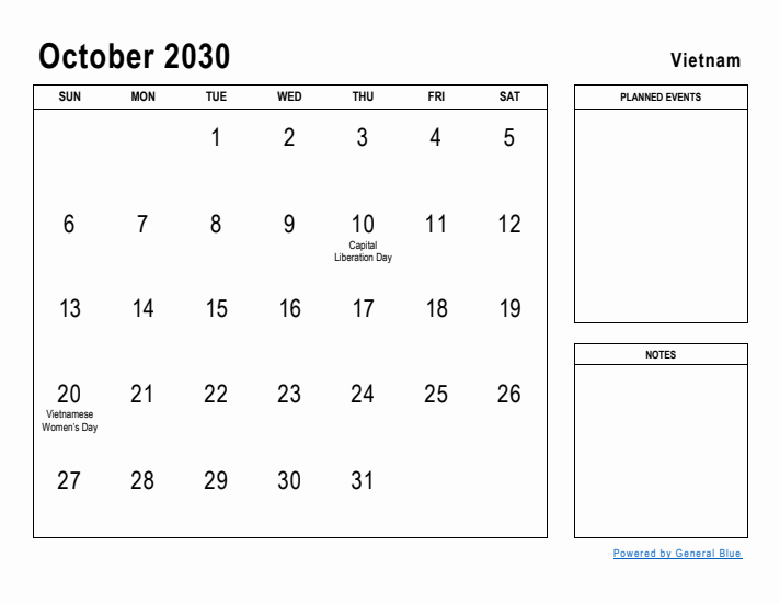 October 2030 Printable Monthly Calendar with Vietnam Holidays