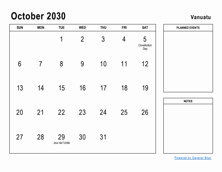 October 2030 Printable Monthly Calendar with Vanuatu Holidays