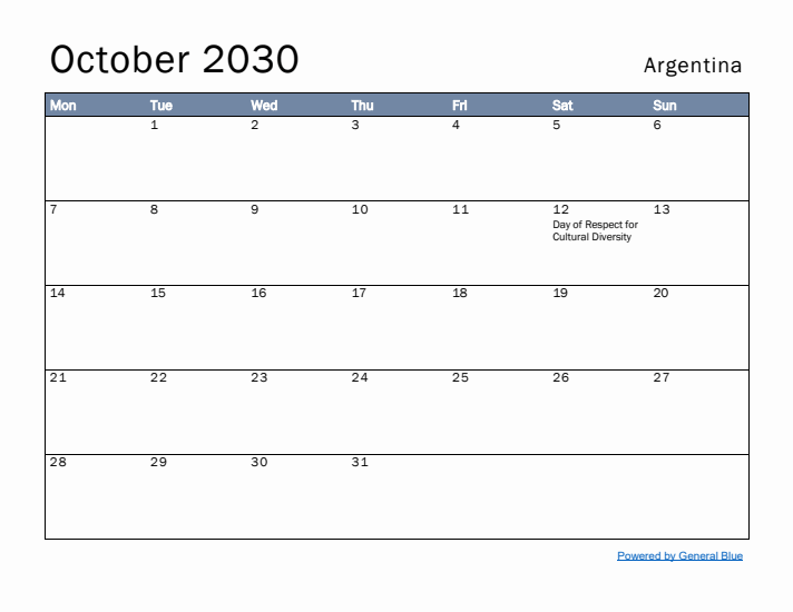 October 2030 Simple Monthly Calendar for Argentina