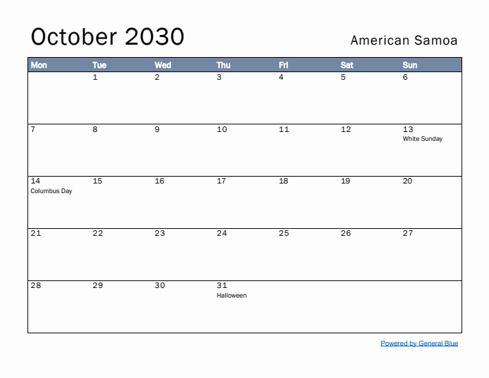 October 2030 Simple Monthly Calendar for American Samoa