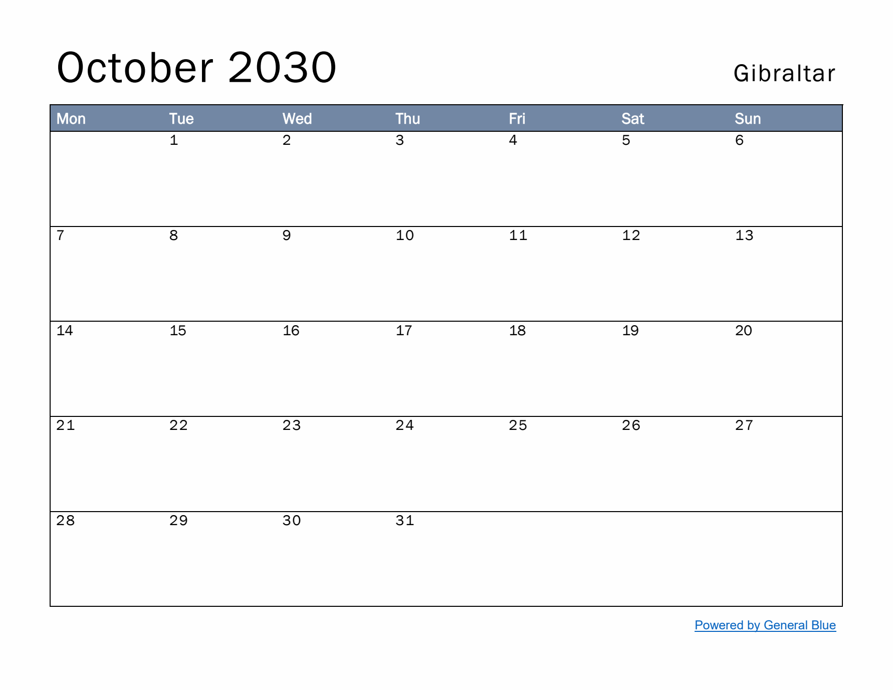 October 2030 Simple Monthly Calendar for Gibraltar
