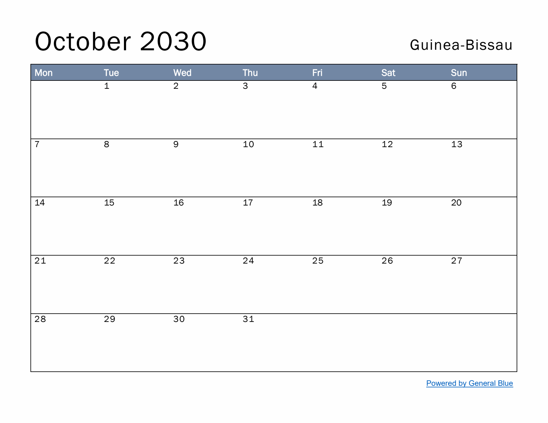 October 2030 Simple Monthly Calendar for Guinea-Bissau