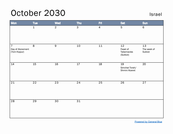 October 2030 Simple Monthly Calendar for Israel
