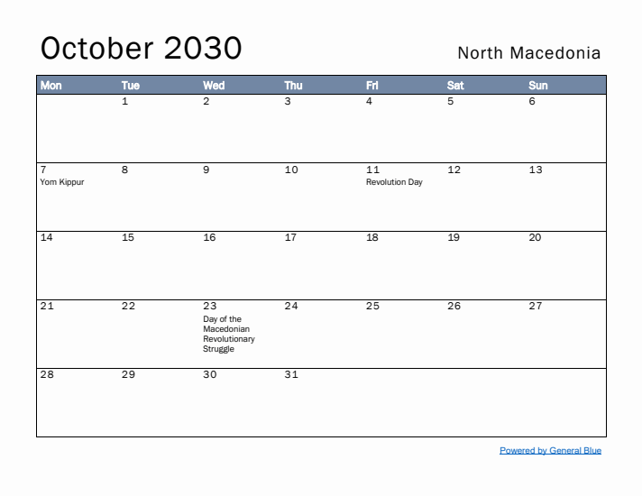 October 2030 Simple Monthly Calendar for North Macedonia