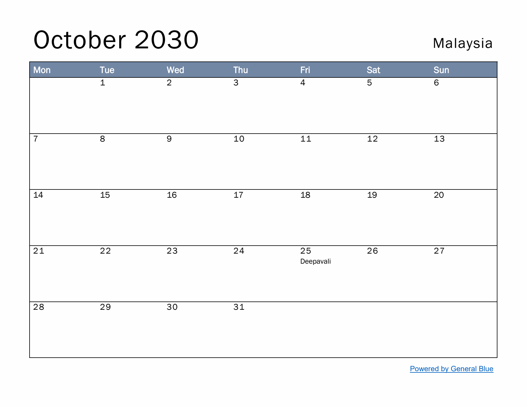 October 2030 Simple Monthly Calendar for Malaysia