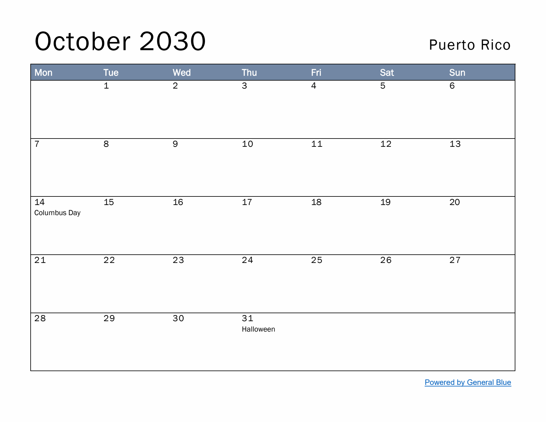 October 2030 Simple Monthly Calendar for Puerto Rico