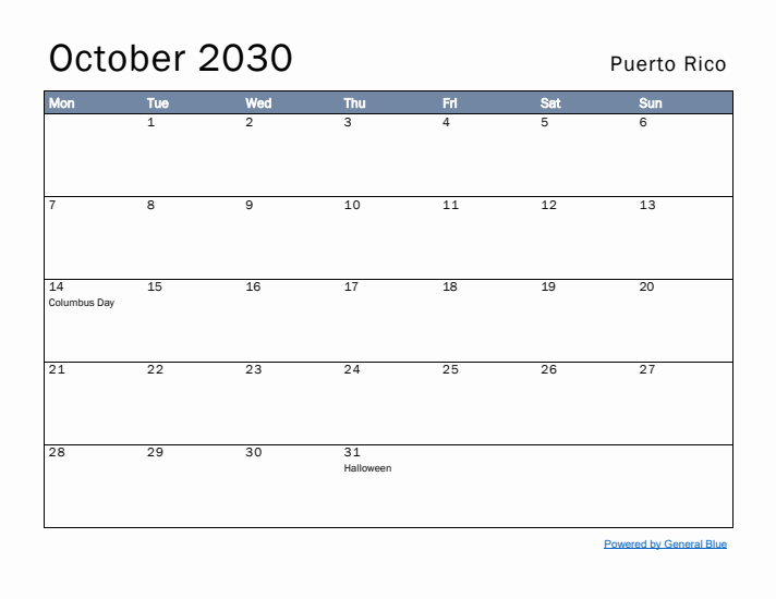 October 2030 Simple Monthly Calendar for Puerto Rico