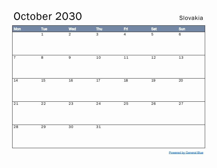 October 2030 Simple Monthly Calendar for Slovakia