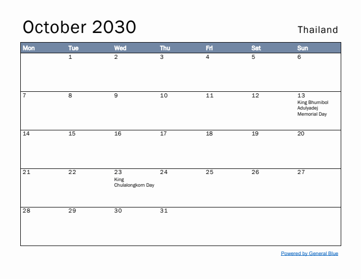 October 2030 Simple Monthly Calendar for Thailand