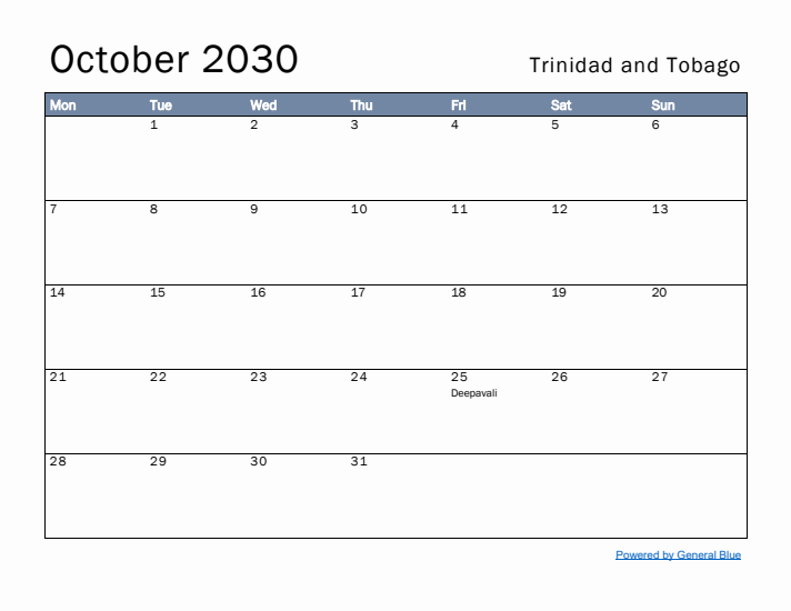 October 2030 Simple Monthly Calendar for Trinidad and Tobago