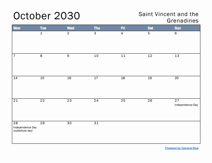 October 2030 Simple Monthly Calendar for Saint Vincent and the Grenadines