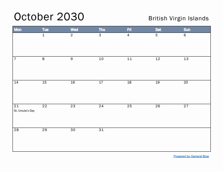 October 2030 Simple Monthly Calendar for British Virgin Islands