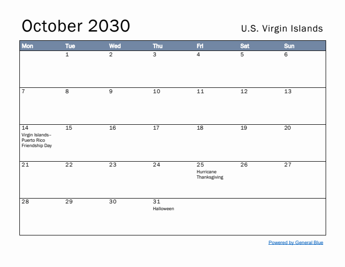 October 2030 Simple Monthly Calendar for U.S. Virgin Islands