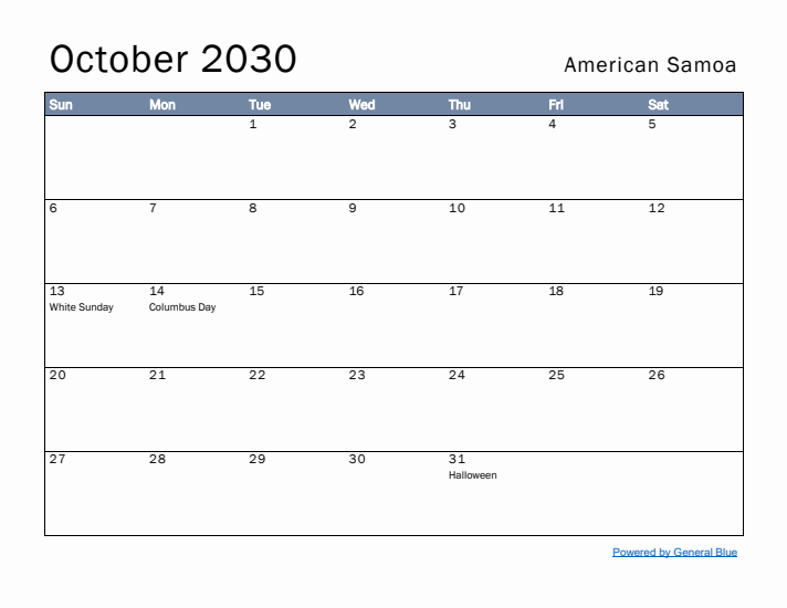 October 2030 Simple Monthly Calendar for American Samoa
