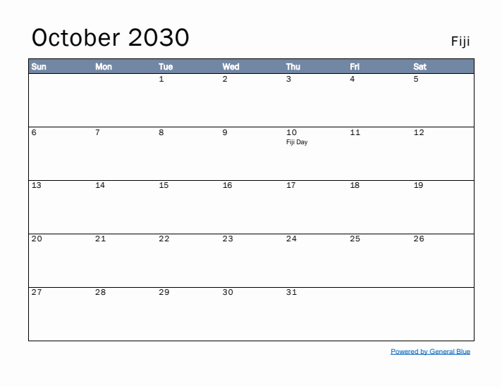 October 2030 Simple Monthly Calendar for Fiji