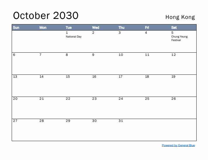 October 2030 Simple Monthly Calendar for Hong Kong