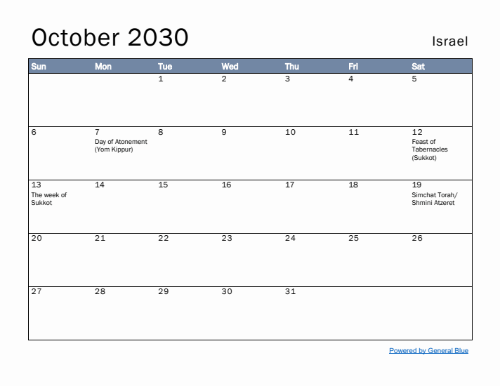 October 2030 Simple Monthly Calendar for Israel