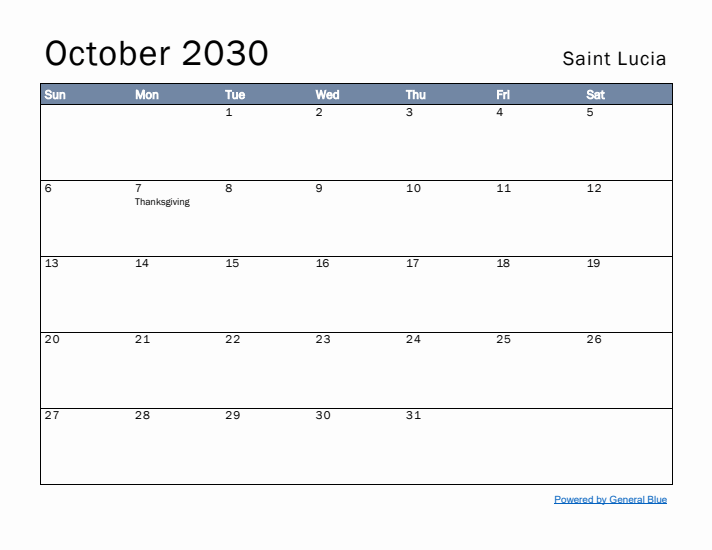 October 2030 Simple Monthly Calendar for Saint Lucia