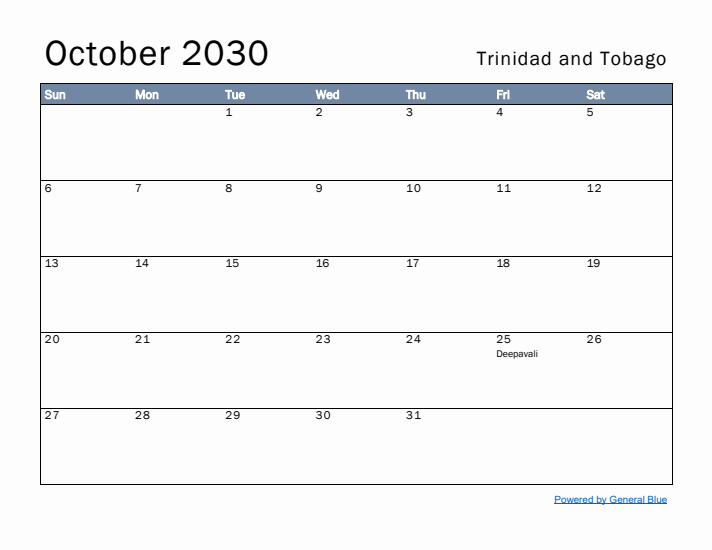 October 2030 Simple Monthly Calendar for Trinidad and Tobago