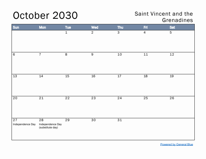 October 2030 Simple Monthly Calendar for Saint Vincent and the Grenadines