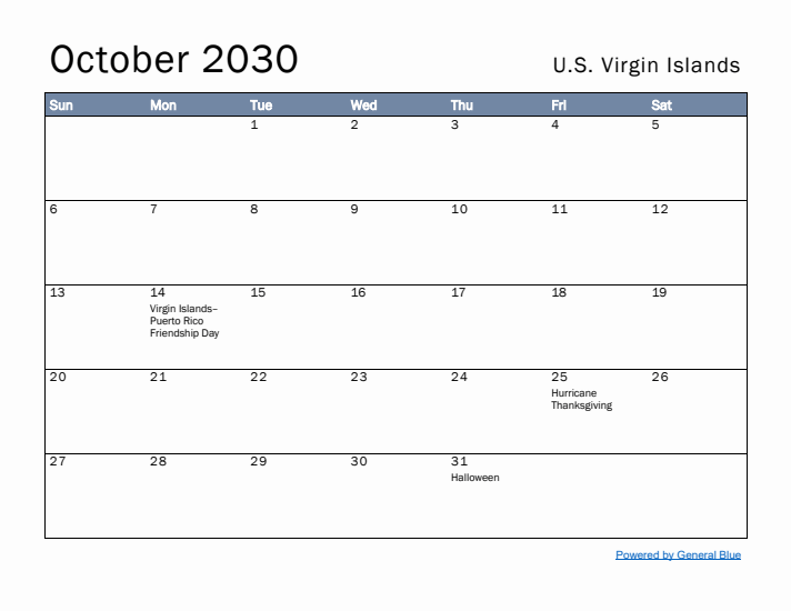 October 2030 Simple Monthly Calendar for U.S. Virgin Islands